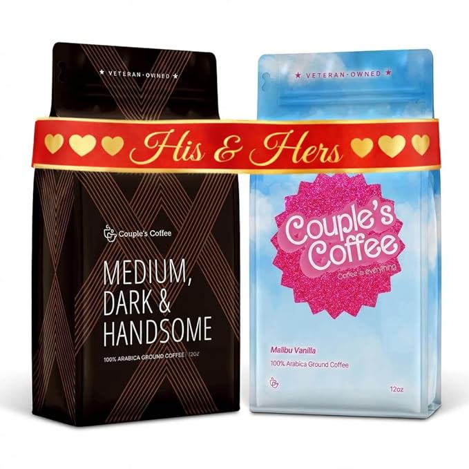 Couple's Coffee | Malibu Vanilla Flavored + Medium Dark and Handsome Coffee | Medium &amp Medium Dark Roast Ground Coffee | Valentine’s Day | His and Hers | 12oz | 100% Arabica