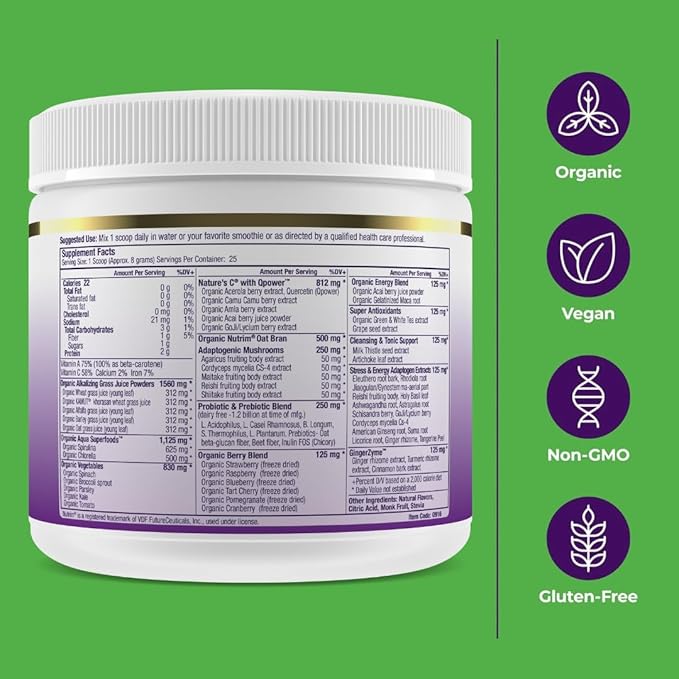 Paradise Herbs ORAC Energy Greens Berry Superfood Powder Over 40000 ORAC Antioxidants Organic Greens Berries Mushrooms &amp Probiotics Non-GMO Gluten-Free 25 Servings