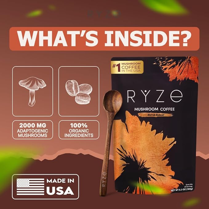 RYZE SUPERFOODS Mushroom Coffee Dark Roast 6 Adaptogenic Mushrooms &amp Prebiotic Blend Instant Coffee Supports Energy Focus Digestion &amp Immunity Lions Mane &amp Turkey Tail 30 Servings.