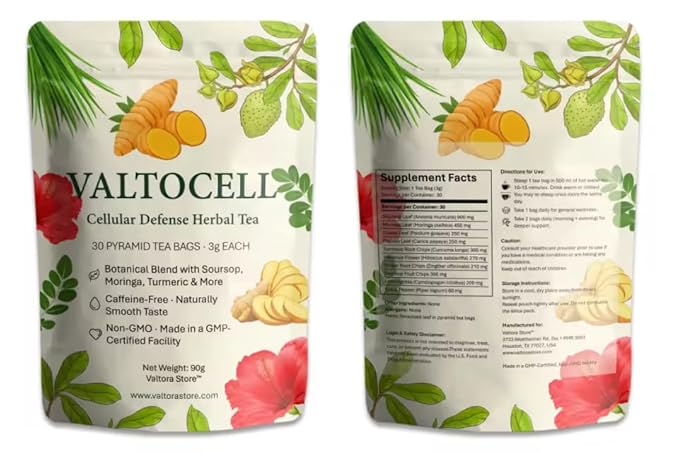 ValtoCell Cellular Defense Herbal Tea – Soursop Dandelion Turmeric Papaya &amp Guava | Natural Detox &amp Cleanse Support | 30 Herbal Infusion Tea Bags (3g Each) | Chlorophyll-Rich Moringa Blend