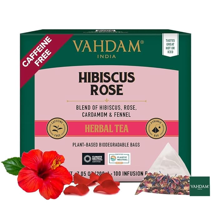 VAHDAM Hibiscus Rose Tea Bags - 100% Whole Hibiscus Flowers Herbal Tea Bags (100 Count) With Rose Chamomile &amp Exotic Spices | Caffeine Free Floral Flavor Tisane | Resealable Ziplock Pouch