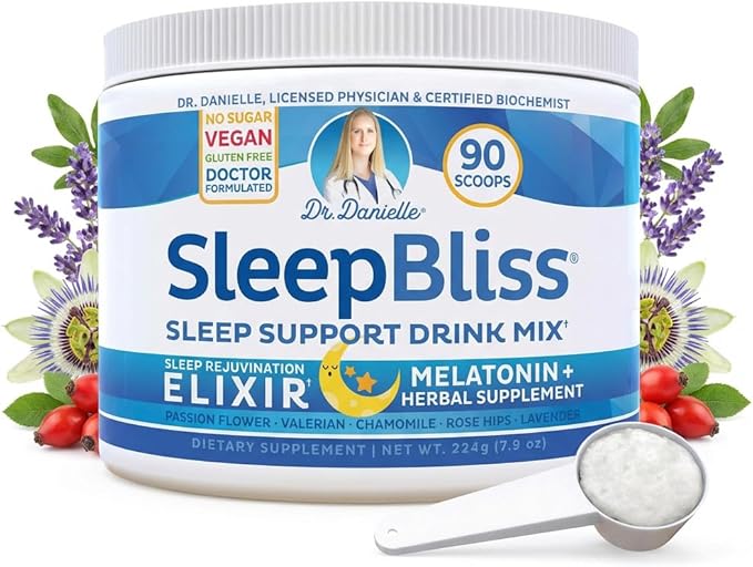 SleepBliss Nighttime Drink Mix – Melatonin Magnesium L-Theanine &amp Herbal Blend – Calming Nighttime Support Powder – Lavender &amp Chamomile – 30 Servings