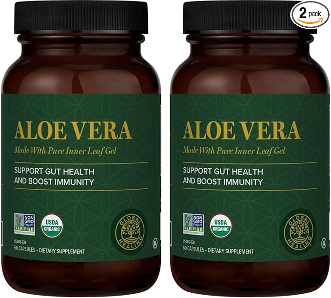 Global Healing Aloe Vera Bio-Active Organic Leaf Supplement - 200x Concentrate Formula with Highest Concentration of Acemannan - Aloin-Free - Gut Health &amp Immune Support - 60 Capsules (Pack of 2)