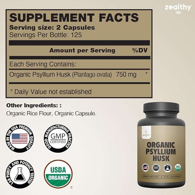 Organic Psyllium Husk Capsules 750 mg Natural Fiber Supplement for Gut Health* - Alternative to Psyllium Husk Powder Zealthy Life 250 Capsules