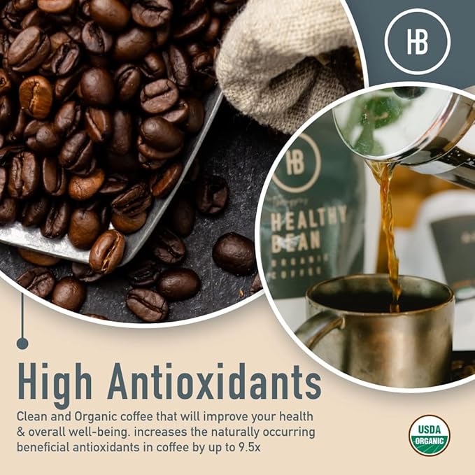 Healthy Bean Organic Low Acid Coffee Ground - USDA Organic Mold-Free Superfood Infused Clean and Healthy - Low Acid for Sensitive Stomachs - Semi-Dark Roast Ground Coffee 10oz (6-Pack)