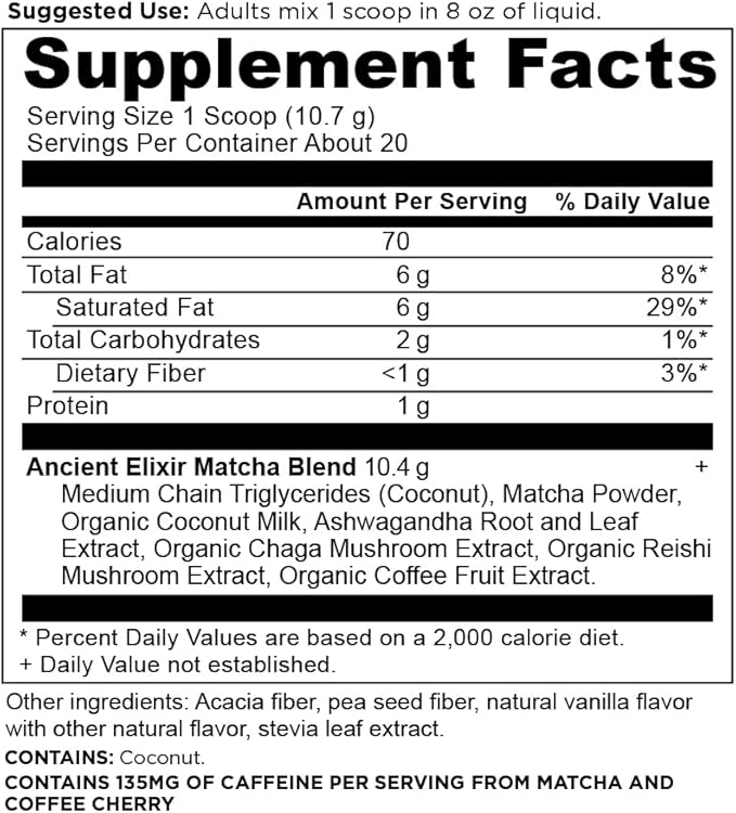 Matcha Green Tea Powder with Ashwagandha by Ancient Nutrition Ancient Elixirs Superfood Matcha Energy Powder with MCTs Promotes Healthy Energy Levels Paleo and Keto Friendly 20 Servings