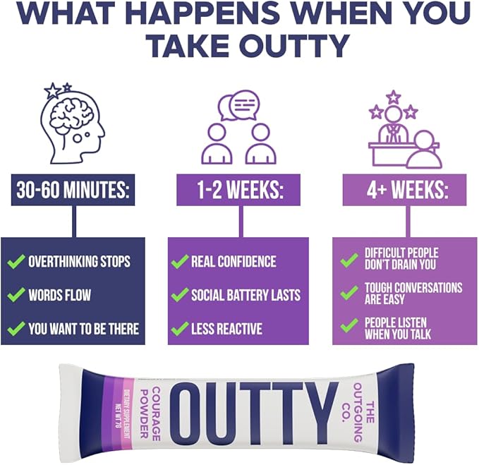OUTTY Courage Powder Social Energy &amp Mood Support Drink Mix With Taurine L-Theanine &amp Oroxylin A Stress Relief Mental Clarity &amp Alcohol Alternative Acai Mixed Berry (15 Stick Packs)