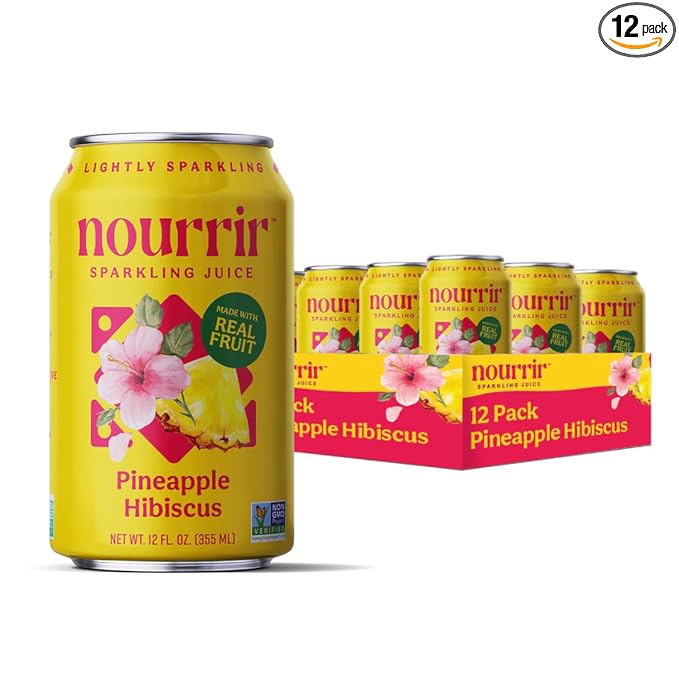 Nourrir Sparkling Pineapple Hibiscus Juice Real Fruit Tropical &amp Floral Fusion Non-GMO Gluten-Free Non-Alcoholic 90 cals 0g Added Sugar 12 cans (12-Pack)