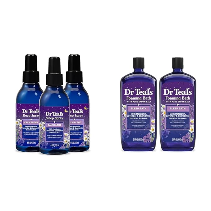 Dr Teal's Sleep Spray with Melatonin &amp Essential Oil Blend 6 fl oz &amp Foaming Bath with Pure Epsom Salt Sleep Blend with Melatonin Lavender &amp Chamomile Essential Oils 34 fl oz