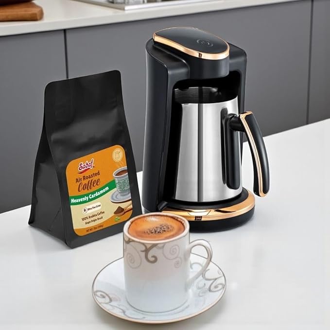 Sadaf Air Roasted Coffee with Cardamom – Ground Heavenly Cardamom Coffee - Ultra Fine Grind 100% Arabica Beans – Smooth Aromatic &amp Spiced Flavor – 12 oz Resealable Bag