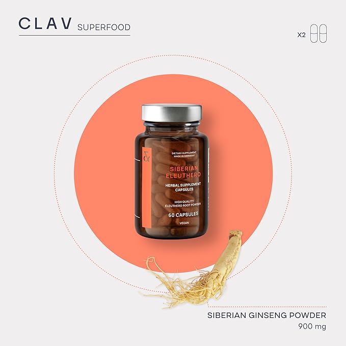 CLAV® Siberian Ginseng - 900mg Eleuthero Root Powder - Energy Supplement - Reduction of Tiredness &amp Fatigue - 60 Ginseng Capsules - Made in Germany