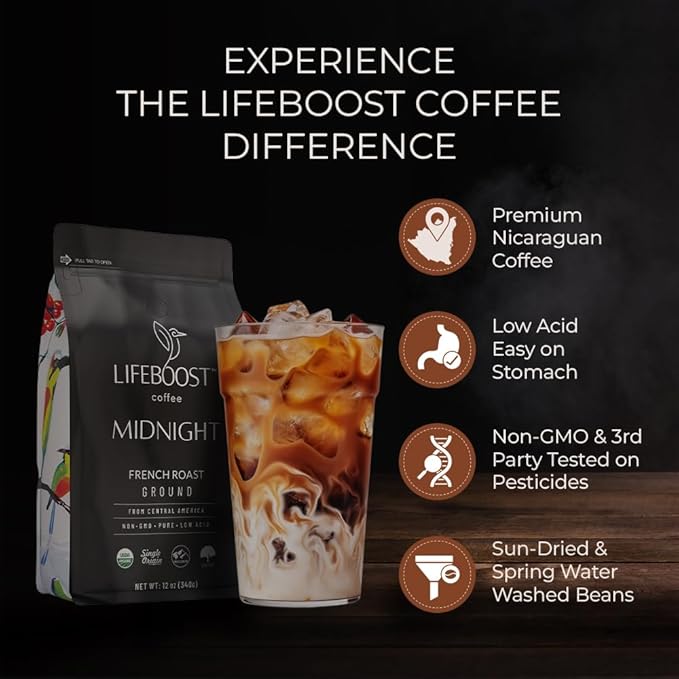 Lifeboost Midnight French Roast Coffee Ground - Non-GMO Single Origin USDA Organic Low Acid Coffee French Roast - Third Party Tested For Mycotoxins &amp Pesticides - 12 Ounces