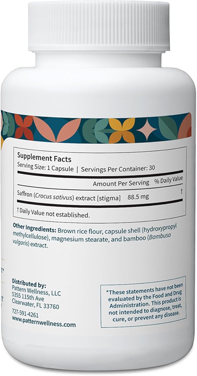 Pattern Wellness Saffron Extract – Mood &amp Wellness Support – 88.5mg Saffron Supplement – Non-GMO &amp Gluten-Free – 60 Vegetable Capsules