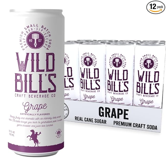 Wild Bill's Grape Soda Classic Craft Soda Pop Soft Drinks Sodas Made with Pure Cane Sugar Caffeine Free NO High Fructose Corn Syrup Gluten Free Vegan Low Sodium 12 Oz 12 Pack