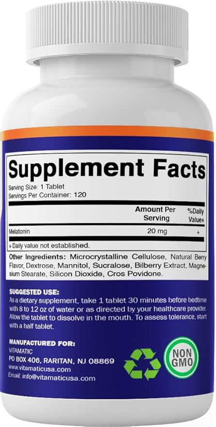 Vitamatic Melatonin 20 mg Tablets –Natural Berry Flavor – 120 Vegetarian Tablets per Bottle – 6 Bottles (Total 720)