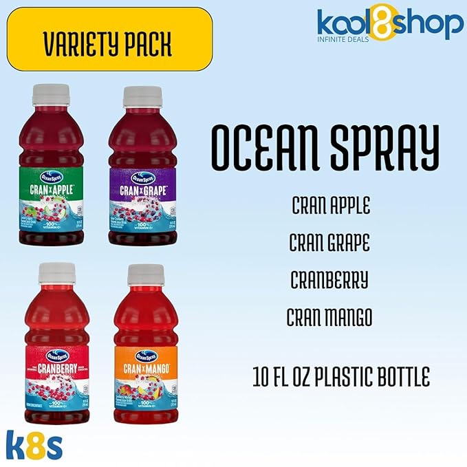Ocean Spray Classic Varied Fruit Juice Drink 10 fl oz Plastic Bottles 24 Pack + 2 Reusable Snack Bags by KOOL8SHOP Infinite Deals