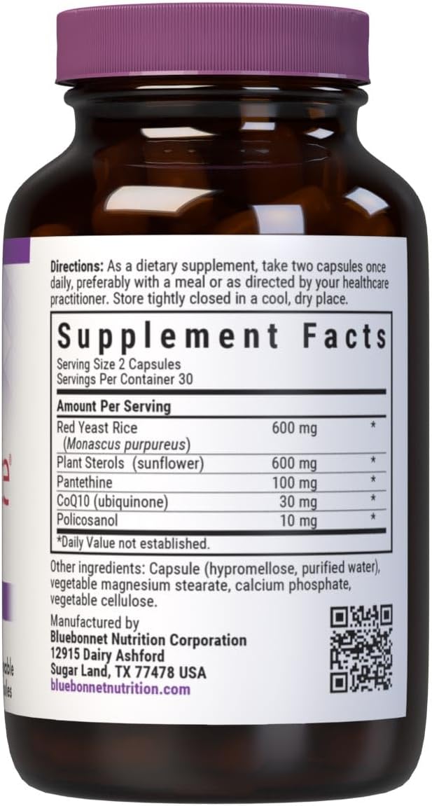 Bluebonnet Nutrition CholesteRice Vegetable Capsules Red Yeast Rice Plant Sterols Pantethine CoQ10 Policosanol Vegan Vegetarian Non GMO Gluten Free Milk Free SOY-FREE 60 Vegetable Capsules