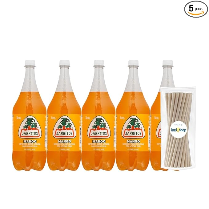 Jarritos Mango Mexican Soft Soda Drink 1.5 Lt Plastic Bottles 5 Pack + 15 Sugarcane Disposable Straws by KOOL8SHOP Infinite Deals