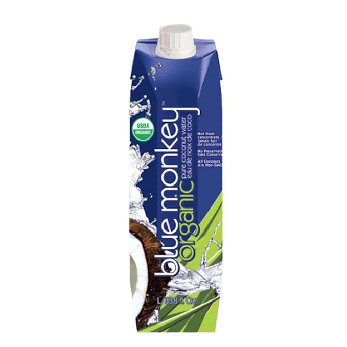 Blue Monkey Organic Coconut Water - 100% Pure Coconut Water from Vietnam - No Sugar Added - USDA Organic Non-GMO Kosher Halal Shelf Stable - Refreshing Hydration Drink - 33.8oz (1L) 12-Pack