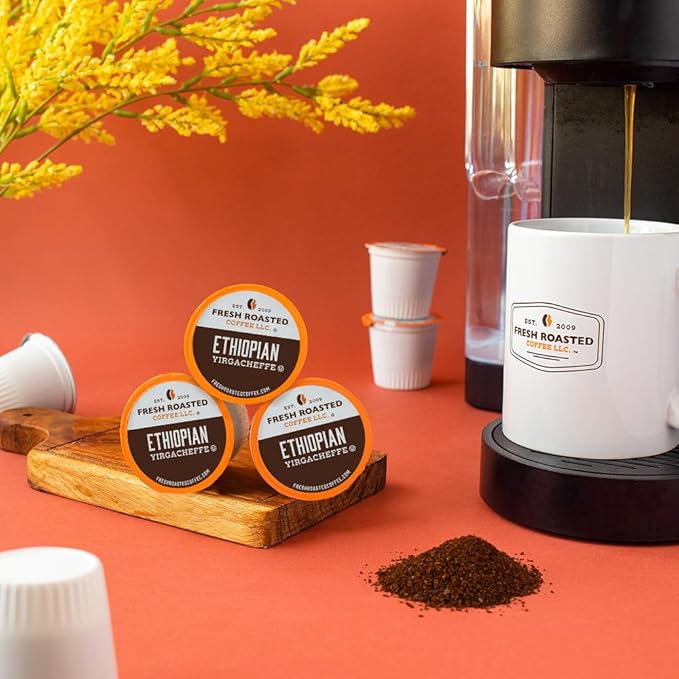 Fresh Roasted Coffee Ethiopian Yirgacheffe Kochere Medium Roast 96 Pods for K Cup Brewers