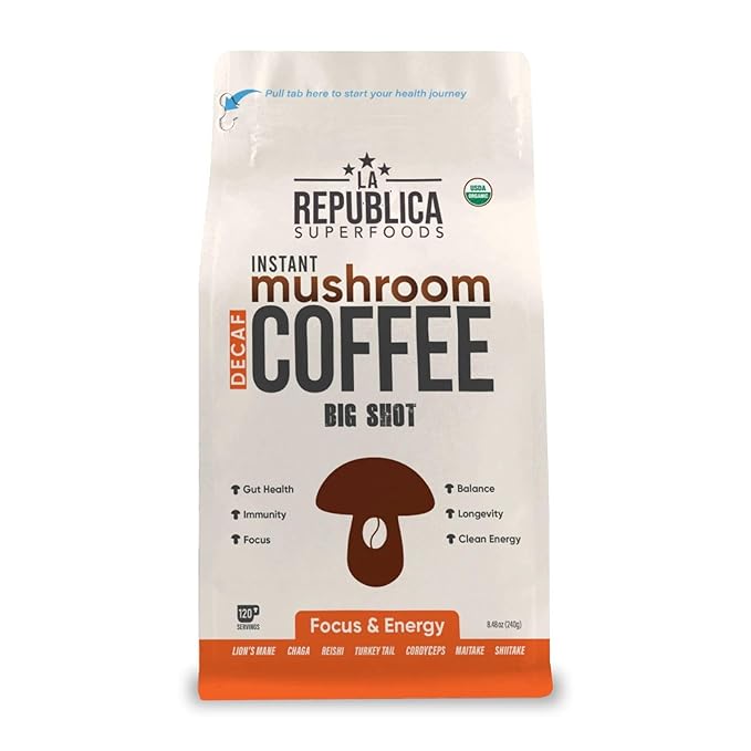 La Republica Big Shot Decaf Instant Mushroom Coffee Organic (120 Servings) with Lion's Mane Reishi Chaga Cordyceps Maitake Turkey Tail