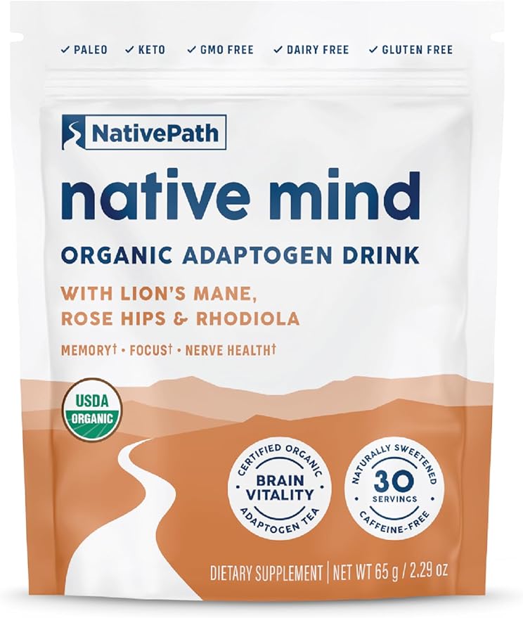 NativePath Native Mind Organic Adaptogen Herbal Support Blend - Organic Mushroom Drink Powder with Lion's Mane Rhodiola &amp Rose HIPS - 30 Servings
