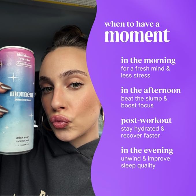 Moment Botanical Soda Soft Drink (Shark Tank) - SPARKLING Drinks | Fruity Fun | L-Theanine &amp Ashwagandha for Calm &amp Clarity | 0 Added Sugar 0 Caffeine | 24-pack
