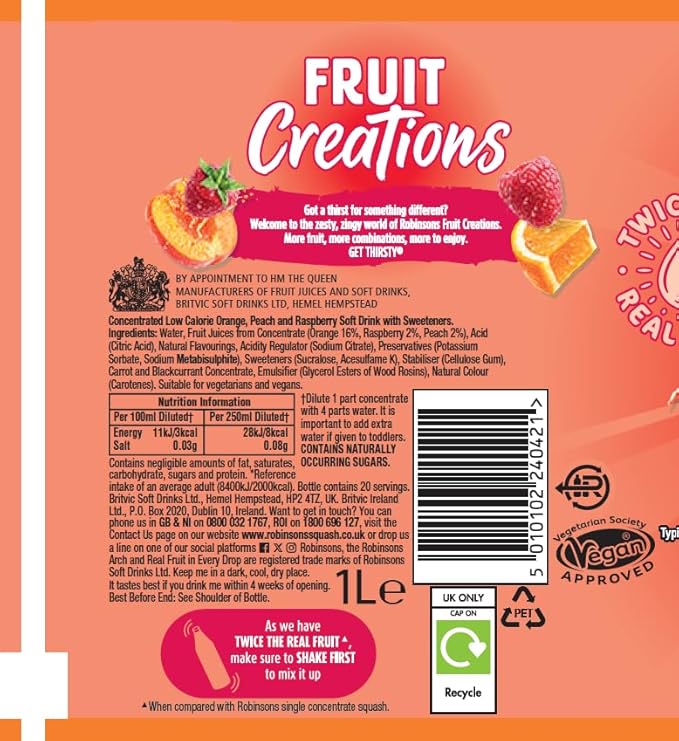Robinsons Fruit Creations Real Fruit Squash Low Calorie Delicious Peach and Raspberry 1 Litre (Pack of 3)