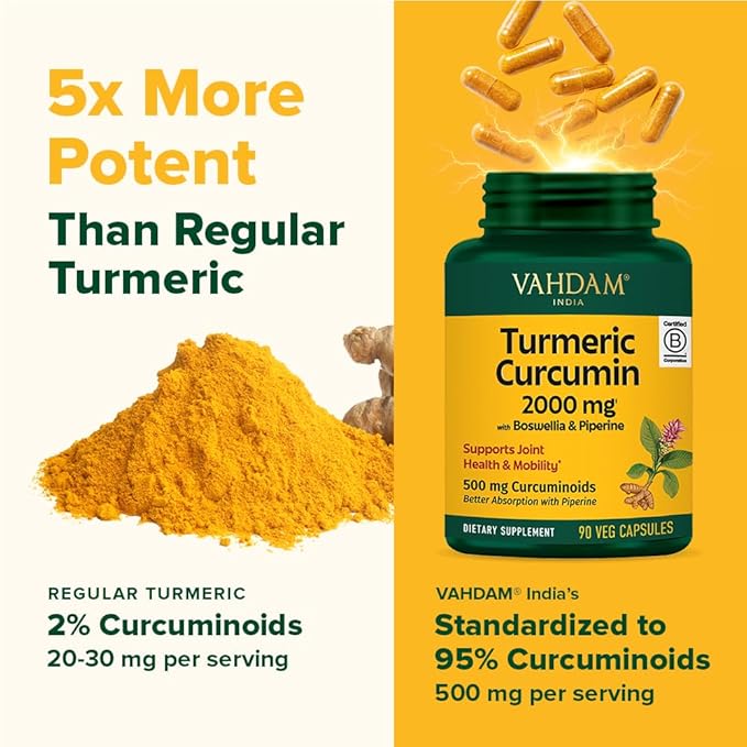 VAHDAM Turmeric Curcumin Supplement 2000mg (500mg Curcuminoids) with Boswellia &amp Piperine for Fast Absorption | Supports Joint Health and Mobility | 90 Capsules