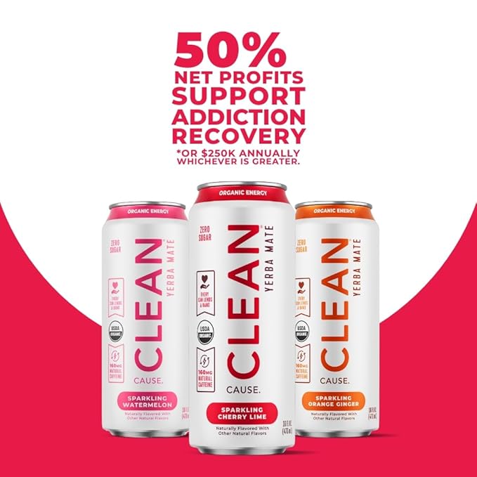 CLEAN Cause Zero Sugar Watermelon Yerba Mate Tea Sparkling USDA Organic Energy Drink Alternative Zero Calorie 160mg Natural Caffeine Soda Alternative Plant-Based (16oz cans 12-Pack Case)