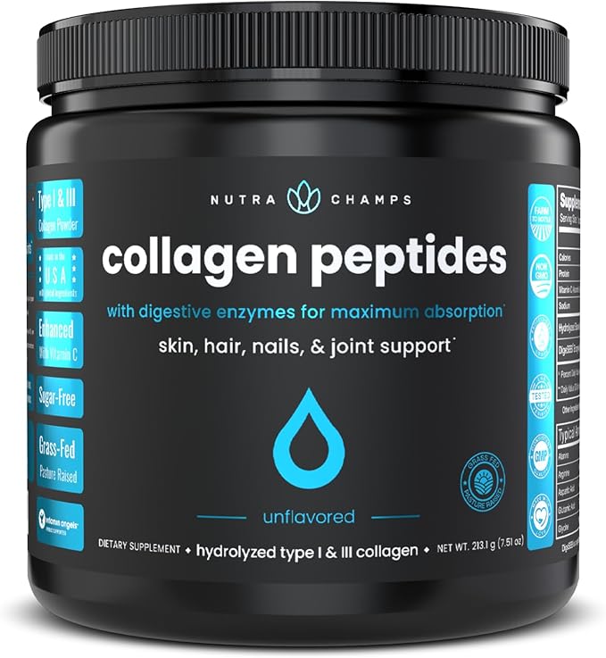 Collagen Peptides Powder - Enhanced Absorption Double Hydrolyzed Grass Fed Keto Protein Powder with Vitamin C - Premium Supplement for Hair Growth Skin Nails Joints &amp Bones Unflavored