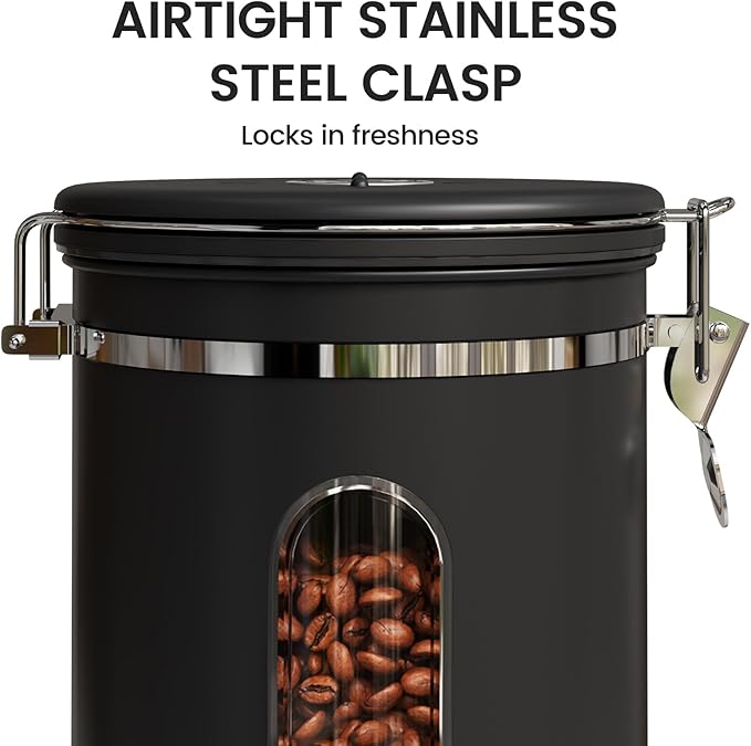 Veken Large Coffee Canister with Window Kitchen Food Storage Airtight Stainless Steel Container for 2.2lbs Coffee Beans Grounds RiceTea Flour Cereal Sugar JarsDate Tracker and Scoop 39ozBlack