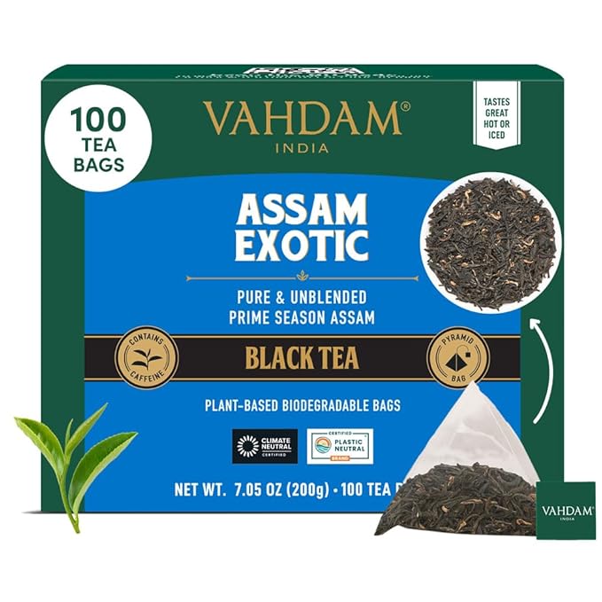 VAHDAM Assam Exotic Black Tea Bags (100 Count) High Caffeine Gluten Free Full Bodied | Pyramid Tea Bags | Strong Robust &amp Flavoury | Direct from Source