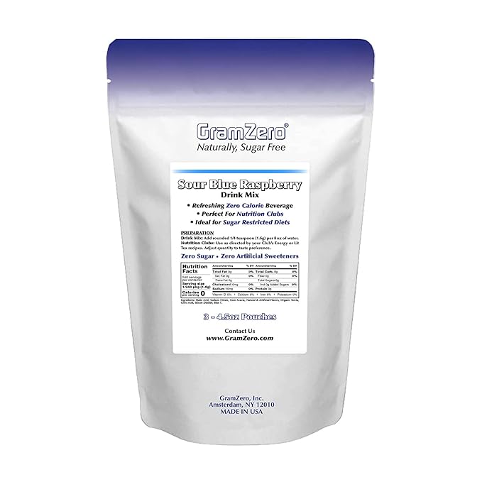 GramZero Sour Blue Raspberry Zero Calorie Sugar Free Drink Mix Great For Nutrition Club Loaded Tea Stevia Sweetened