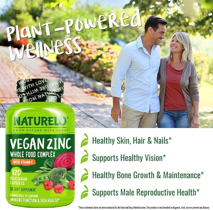 NATURELO Vegan Zinc Immune Support Capsules - Whole Food Complex with Vitamin C for Healthy Skin Hair and Nails - 120 Capsules