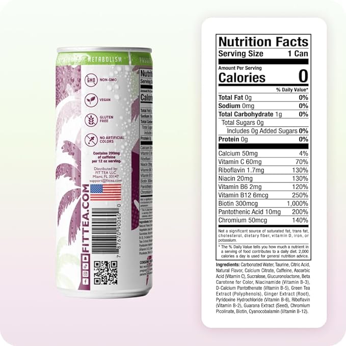 FitTea Healthy Energy Drink 12 Fl Oz - Passionfruit Melon Sparkling Refresher (12 Pack) Natural Green Tea Energy Drinks Sugar Free