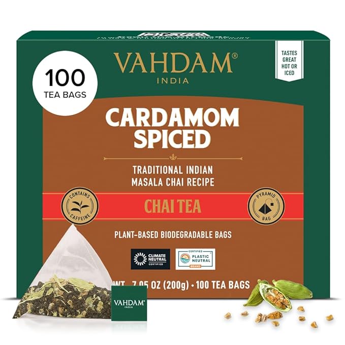 VAHDAM Cardamom Masala Chai Tea Bags (100 Count) Non GMO Gluten Free No Artificial Flavor | Blended w/Exotic Spices | Chai Tea | Resealable Ziplock Pouch