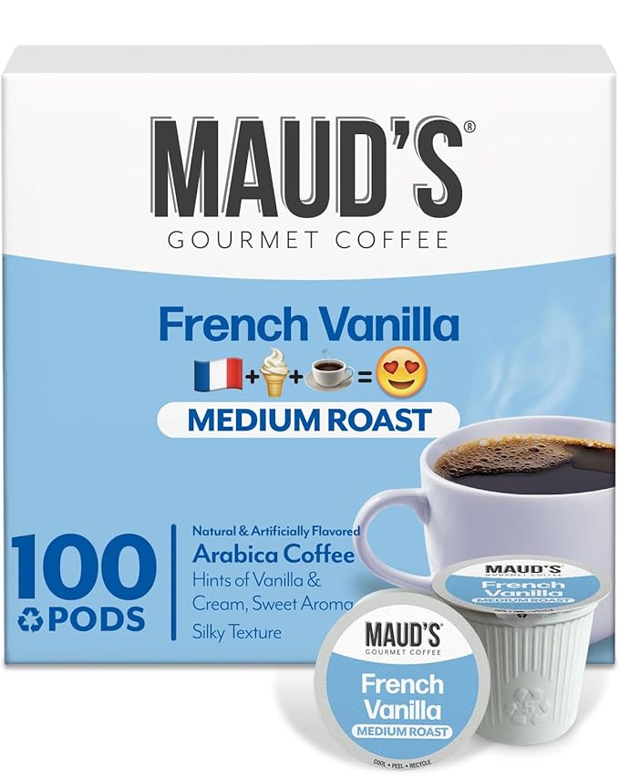 Maud's French Vanilla Coffee Pods 100 ct Medium Roast Coffee in Single Serve Pods – 100% Arabica Coffee Compatible with Keurig K Cups Maker