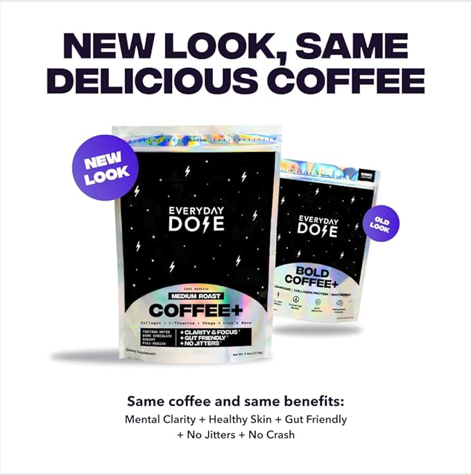 Everyday Dose Premium Adaptogenic Mushroom Coffee with Grass-Fed Collagen Chaga Lions Mane &amp L-Theanine for Better Focus Energy Digestion Skin and Immunity 30 Servings