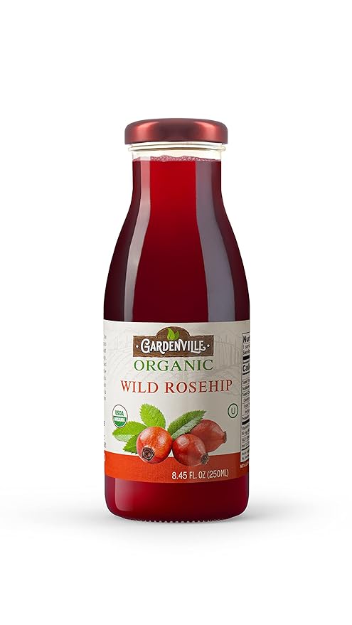 Gardenville Organic Roseship Juice (Pack of 12) USDA Organic No Added Sugar U Kosher Certified Pasteurized 8.4 oz Glass Bottles (Roseship)