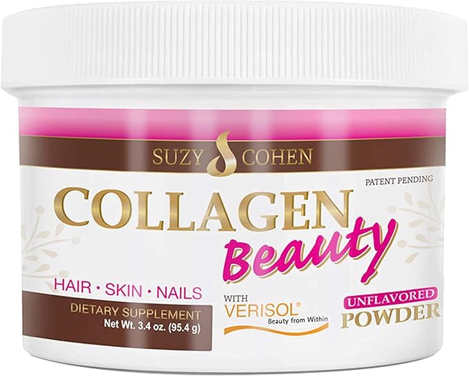 Collagen Beauty Powder™ By Suzy Cohen (3.3 oz) Anti Aging Hydrolyzed Protein Collagen Powder Type I and III for Supple Skin Shiny Hair &amp Strong Nails- Unflavored Powder Drink with Verisol- Made i