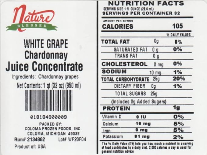 Nature Blessed 100% Chardonnay White Grape Fruit Juice Concentrate - 2 Quarts (2/32 fl oz bottles) Applications: Home Wine Making Home Brewing Distilling Ale Smoothies Making Jelly