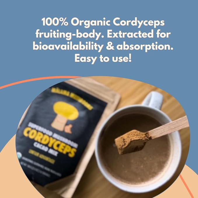 Malama Organic Mushroom Hot Cacao Mix Cordyceps Mushroom Powder with Fair Trade Cacao Supports Energy &amp Immune Health – Vegan Supplement &amp Superfood Non GMO 3.5 oz (50 Servings)
