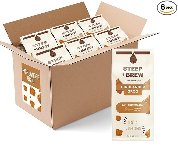 STEEP + BREW Highlander Grog Coffee | Premium Arabica Flavored Coffee | Ground | Light Roast | 12 oz | PACK OF 6