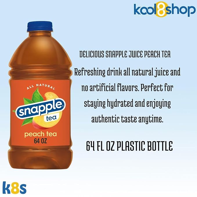Snapple Peach All Natural Fruit Juice 64 fl oz Plastic Bottle 4 Pack + 15 Sugarcane Disposable Straws by KOOL8SHOP Infinite Deals