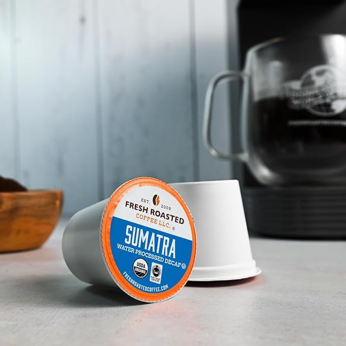 Fresh Roasted Coffee Organic Sumatra Water-Processed Decaf | 100% Single Origin USDA Organic Kosher | Medium Roast K-Cup Compatible | 72 Pods