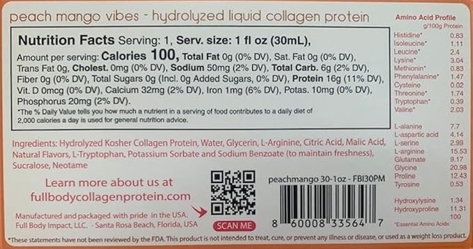 Liquid Collagen Protein Supplement 16000mg (16g) of Hydrolyzed Collagen Types I &amp III for Healthy Hair Skin Nails &amp Joints 1oz Packs (Box of 30) Sugar Free (Peach Mango Vibes)