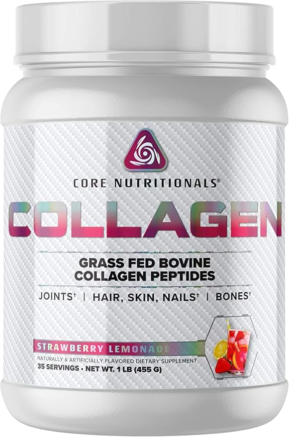 Core Nutritionals Hydrolyzed Collagen Peptides | Type I &amp III from Grass Fed Bovine | Hair Skin &amp Nails | Bone &amp Joint Support | 1 Pound (Strawberry Lemonade)