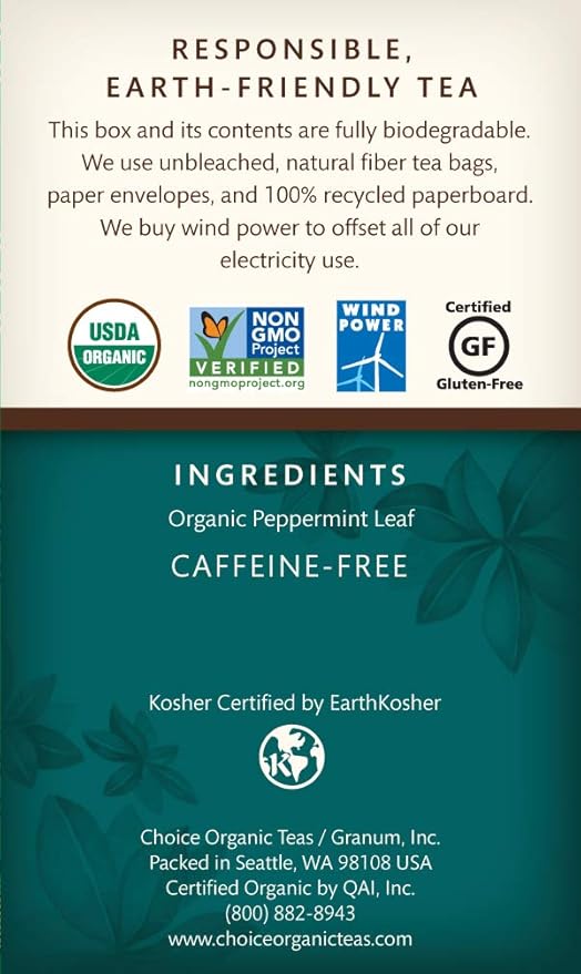 Choice Organic Teas Herbal Tea 3 Boxes of 16 (48 Tea Bags) Peppermint Caffeine Free