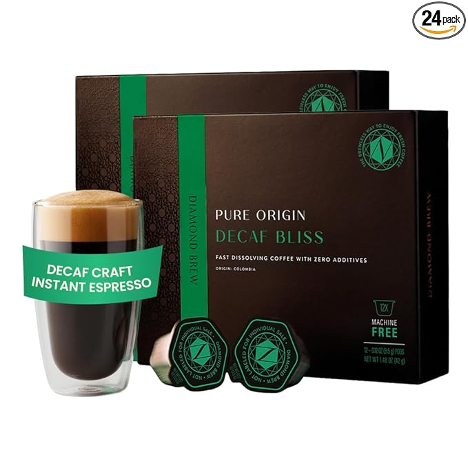 Luxury Instant Espresso - Decaf Hot or Iced Instant Coffees Cold Brew Coffee Double Shot Espresso 24 Count 100% Arabica Sugar Free No Additives - Original Diamond Brew